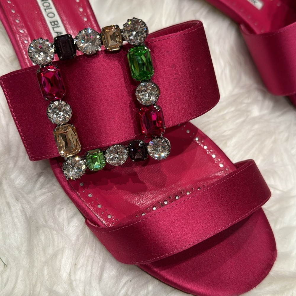Manolo Blahnik dark pink double strap satin sandals with jewel buckle size 41 - Picture 3 of 10